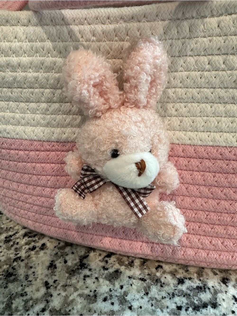 Pink & Cream Rope Basket Bag with Plush Bunny Accent - Picture 2 of 9